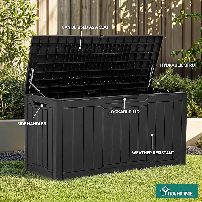 YITAHOME 80 Gallon Outdoor Storage Box, Large Water Resistant Resin Deck Box, Indoor Outdoor Lockable Storage Container for Patio, Garden, Cushions, Tools, Equipment (Black)