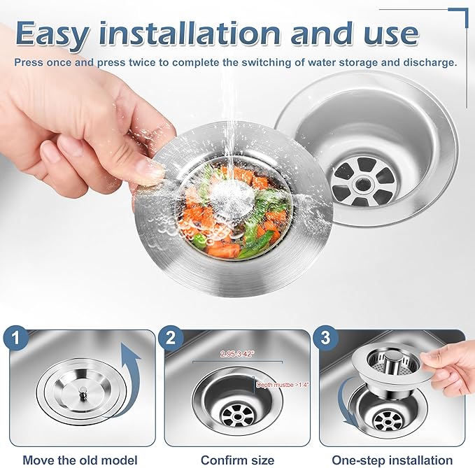 3 in 1 Kitchen Sink Drain Strainer ，304 Stainless Steel Kitchen Sink Stopper