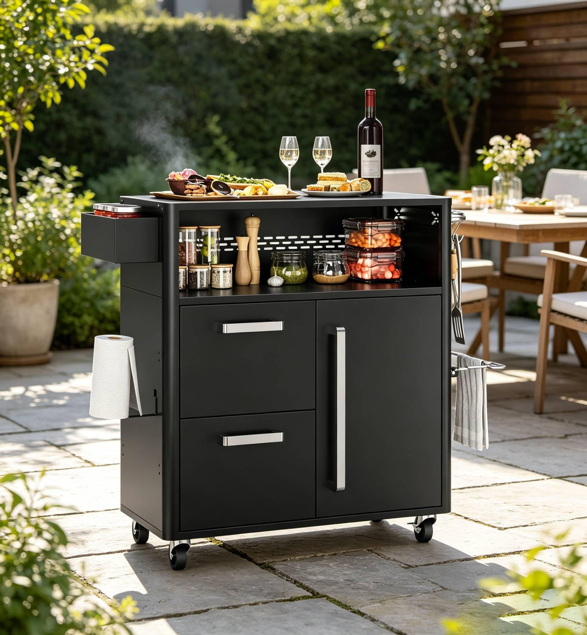 Heavy-Duty Outdoor Grill Cart with Stainless Steel Prep Table,Mobile BBQ Island Cart with Spacious Storage Cabinet & Lockable Wheels, Multi-Function Patio Kitchen Station for Grilling & Outdoor