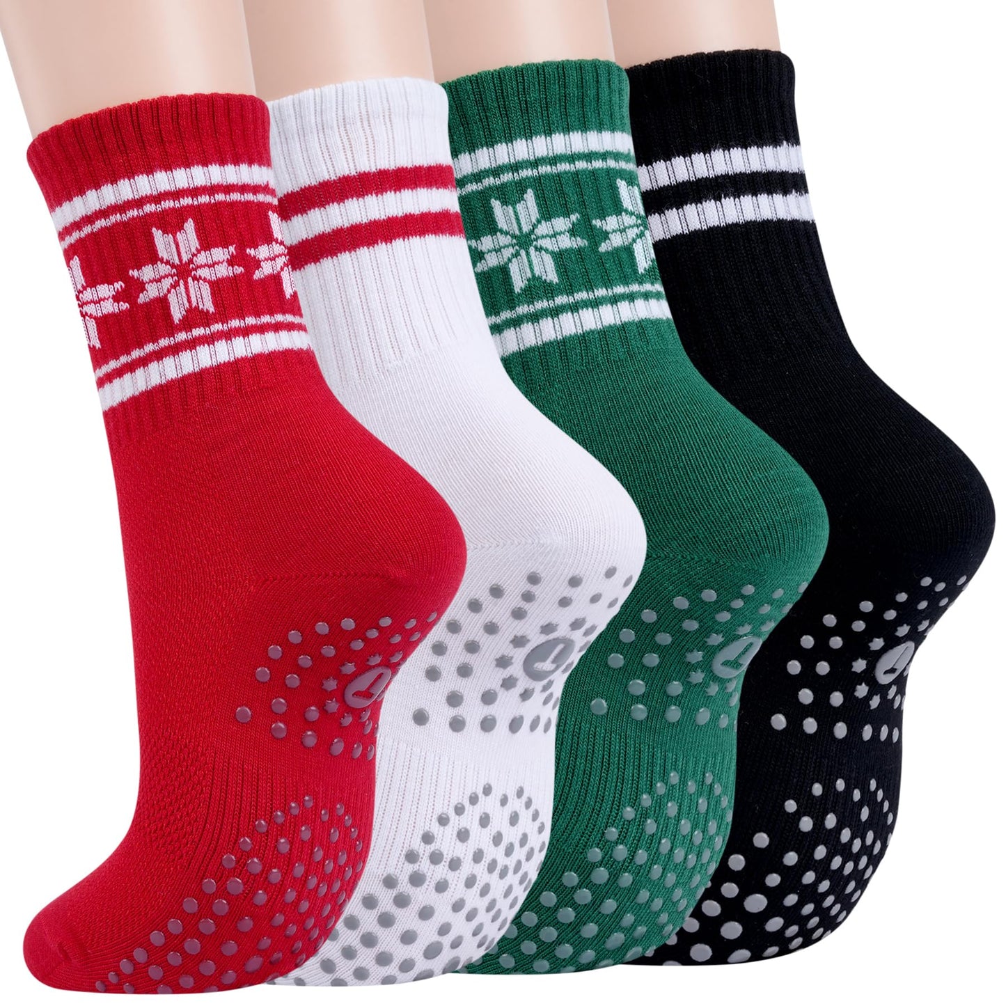 Toes Home Pilates Socks for Women with Non Slip Grips, Christmas Gifts Yoga Crew Socks for Barre Hospital Slipper 4 Pairs Red Green