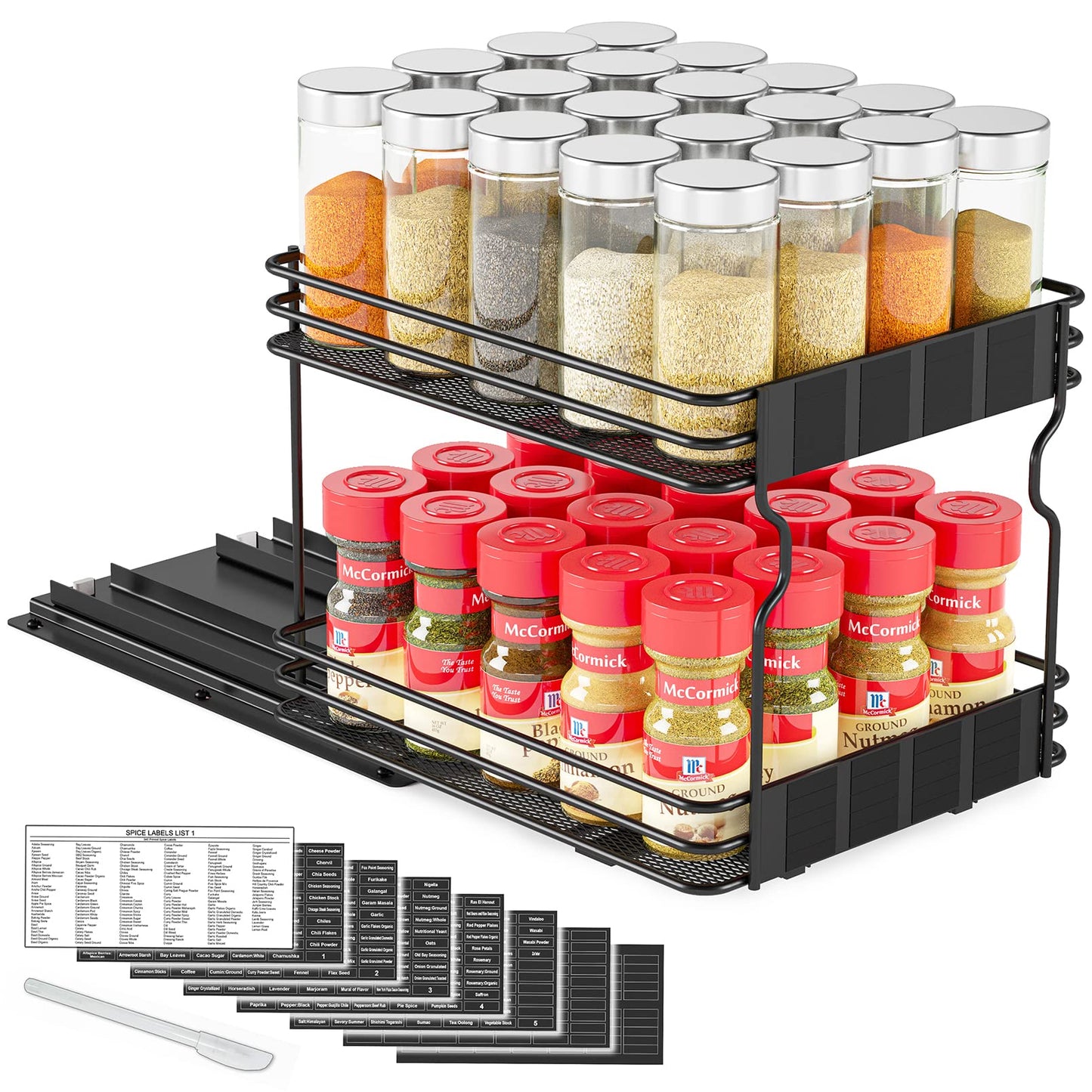SpaceAid Pull Out Spice Rack Organizer for Cabinet, Heavy Duty Slide Out Seasoning Kitchen Organizer, Cabinet Organizer, with Labels, 4.5" W x10.75 D x8.5 H, 1 Drawer 2-Tier