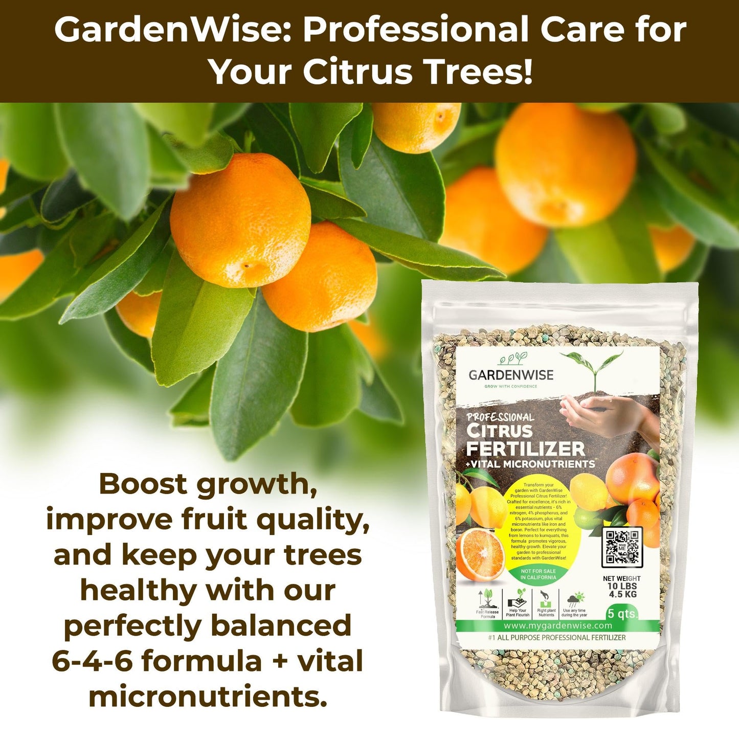GARDENWISE Professional Citrus Fertilizer + Vital Micronutrients; Perfect Balanced NPK for All Citrus; for Indoor and Outdoor Plants; Orange, Lime, Avocado and Lemon Tree Fertilizer (1/2 Quart)