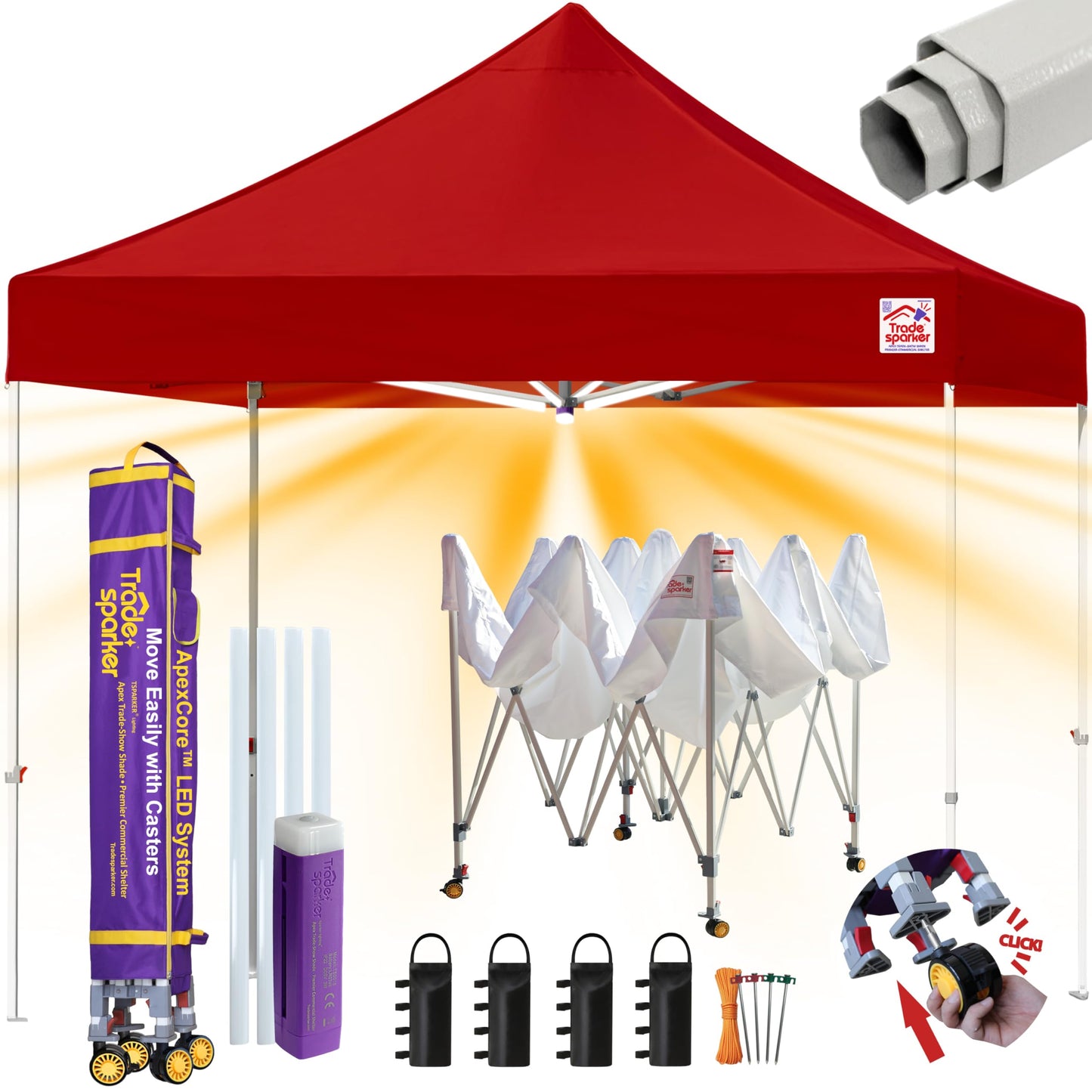 Tradesparker 10x10 Pop Up Canopy Tent,Commercial Movable Canopy with ApexCore LED&Rugged Casters-Instant Easy Setup Shelter Canopies with Weight Bags&Stakes for Outdoor Events Markets Vendors,Red