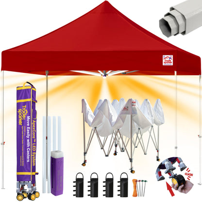 Tradesparker 10x10 Pop Up Canopy Tent,Commercial Movable Canopy with ApexCore LED&Rugged Casters-Instant Easy Setup Shelter Canopies with Weight Bags&Stakes for Outdoor Events Markets Vendors,Red