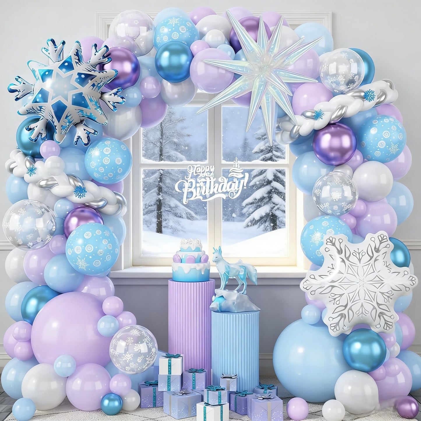 Froova Winter Balloon Arch Kit, Blue Purple Silver and Snowflake Balloon Garland Iridescent Star Snowflake Foil Balloons for Winter Wonderland Baby Shower Girls Princess Birthday Party Decorations