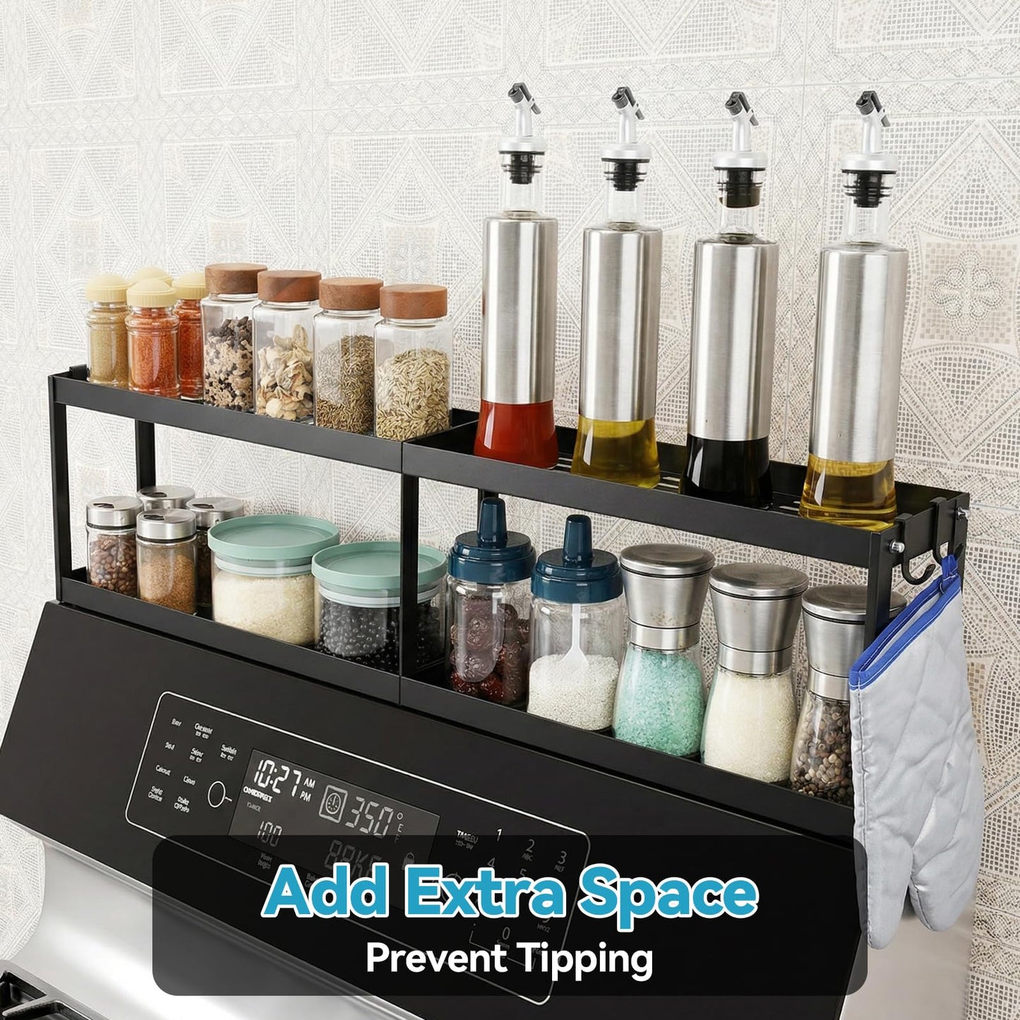 OTraki 2 Tier Strong Magnetic Oven Shelf 30 Inch Length Spice Rack Over The Stove Shelf with 2 Anti-Slip Mats Seasoning & 4 Hooks Kitchen Spice Storage Organizer Black