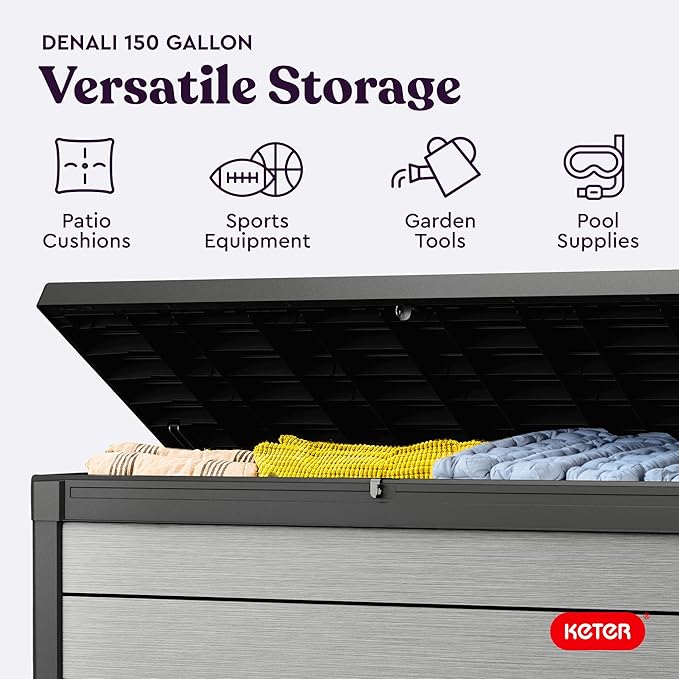 Keter Denali 150 Gallon Resin Large Deck Box with Double Wall 20mm Panels - Paintable and Drillable-Organization and Storage for Patio Furniture and Outdoor Items, Grey & Black