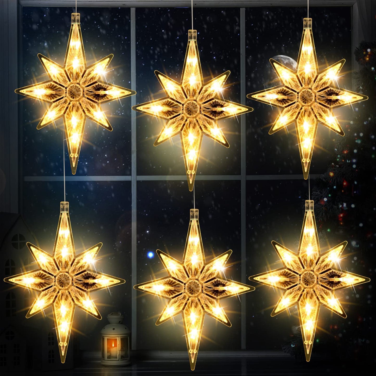 VIHOSE 6 Pcs 10.6 Inch Bethlehem Christmas Window Lights Plastic LED Lighted Christmas Window Silhouette Lights Large Hanging Xmas Tree Ornaments (Yellow)