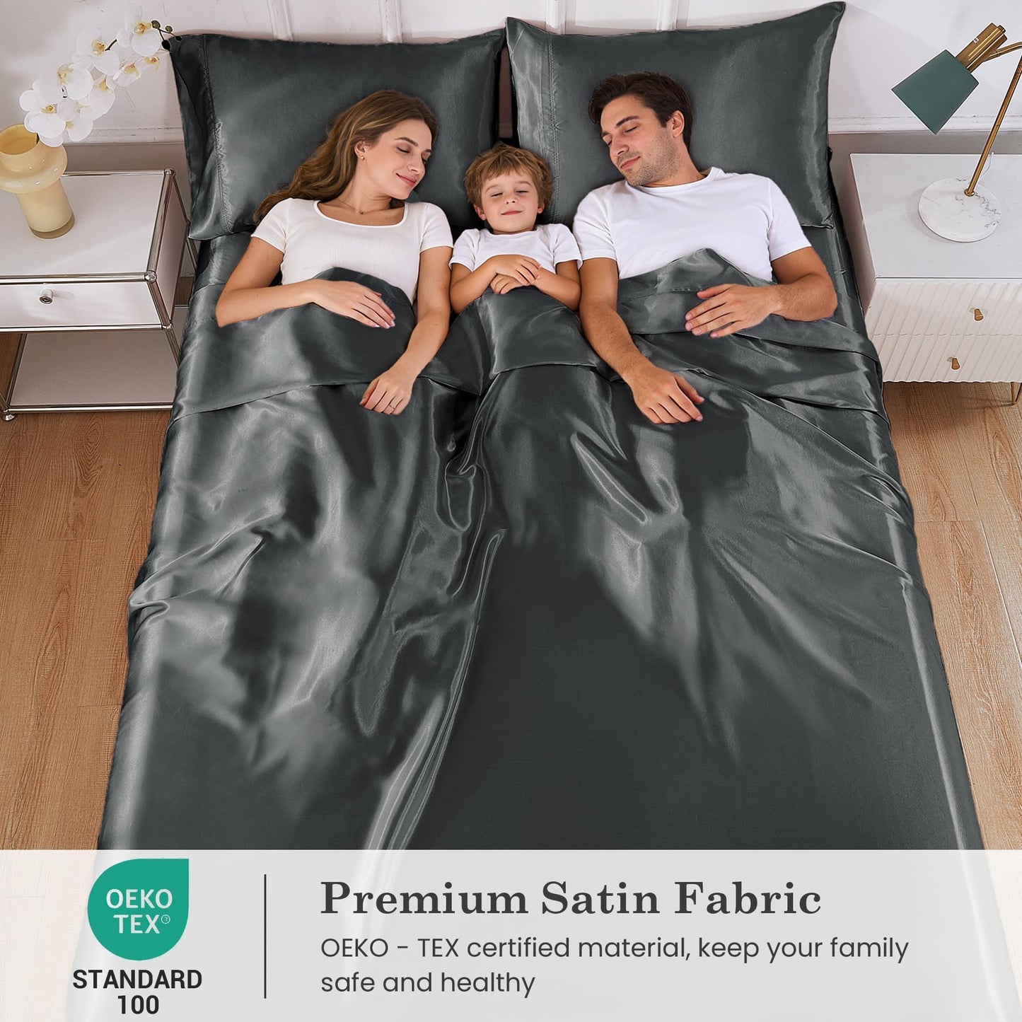 lasoftan Silk Satin King Sheets Set, Silky Fitted Bed Sheets with 15" Deep Pocket and Non-Slip Corner Straps, Luxury Hotel King Size Satin Sheets, Grey Cooling Sheets & Pillowcase Set
