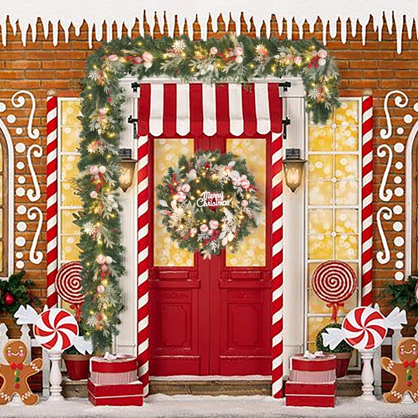 6ft red White Christmas Candy Garland with Lights,30 LED with Timer, Lighted Door,Fireplace, Mantel and Stairs Winter Decor,Entryway Porch Decoration,prelit Christmas Garland for Front Door