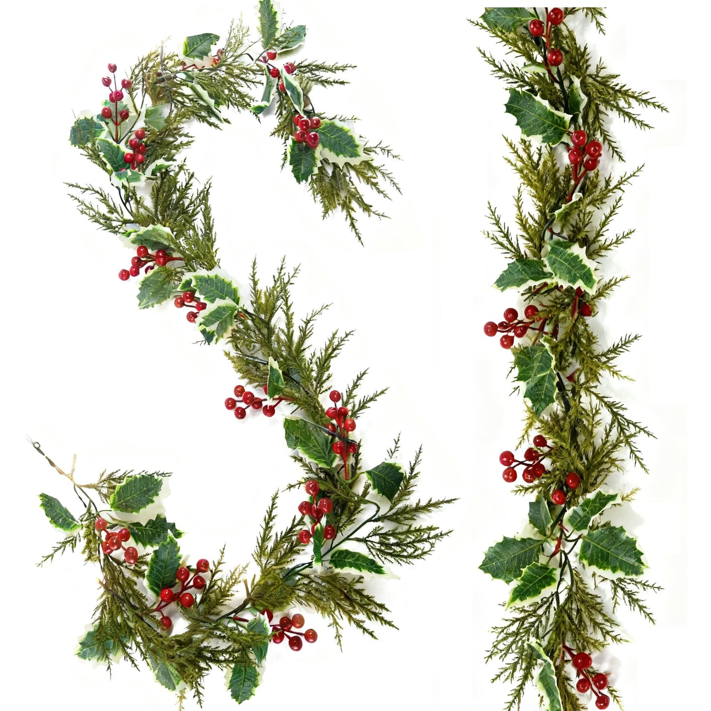 2Pcs 5.7Ft Artificial Christmas Garlands, Red Berry Greenery Leaves Xmas Garland for Mantel Fireplace Holiday Winter Xmas Decor