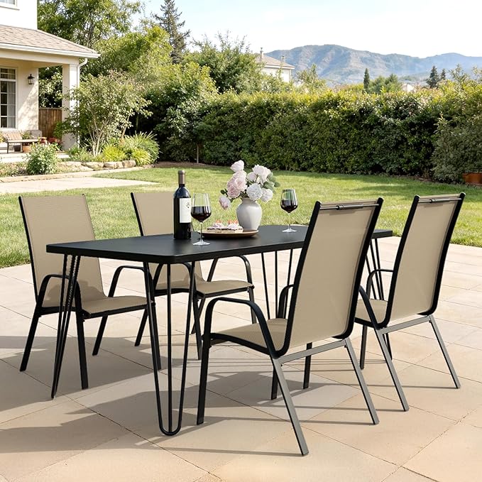 JEAREY Patio Dining Chairs Set of 4, Outdoor Stackable Dining Furniture Set, All Weather Dining Set for Lawn, Garden, Poolside, Beige