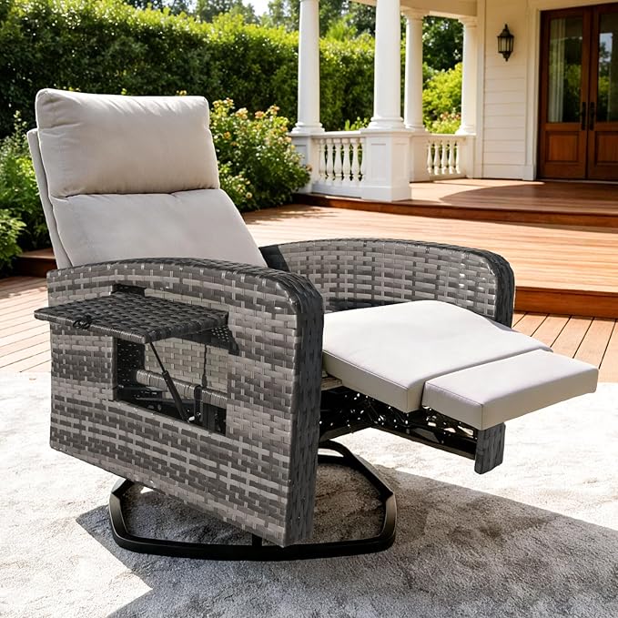 Outdoor Recliner Chair, Wicker Patio Recliners with Adjustable Backrest and Extended Foot Rest, Reclining Patio Chairs with Flip Table & Removable Cushion Cover for Porch