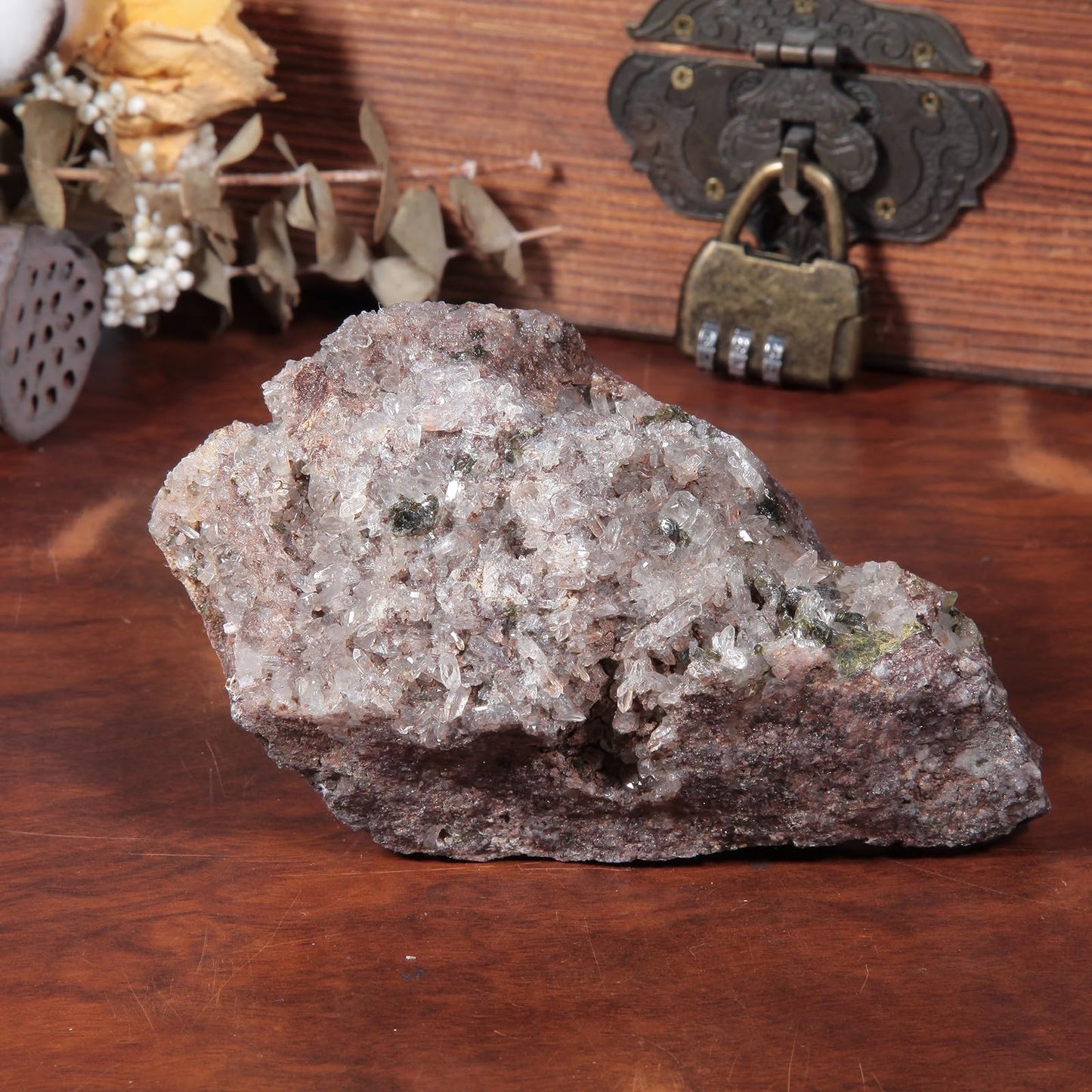 SUNYIK Natural Epidote Stone Geode Cluster, Rough Raw Crystal Rocks Mineral Specimen for Reiki Healing Home Decoration, 500-599g