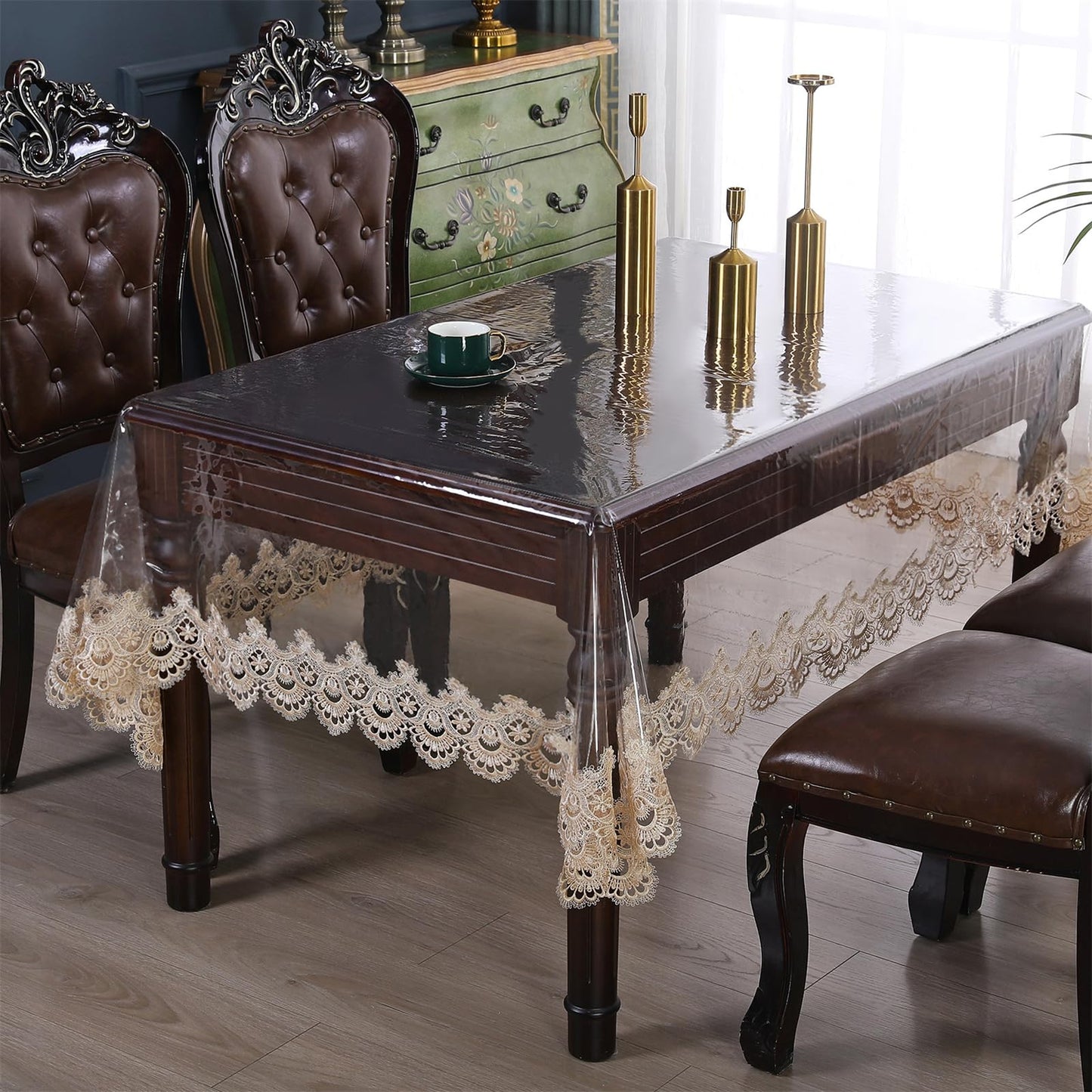 Clear Plastic Rectangle Tablecloth Vinyl Waterproof Table Cloth Embroidered Lace Edge Transparent Table Cover for Dining Kitchen Outdoor(52 x 70 inch, Coffee Style 3)