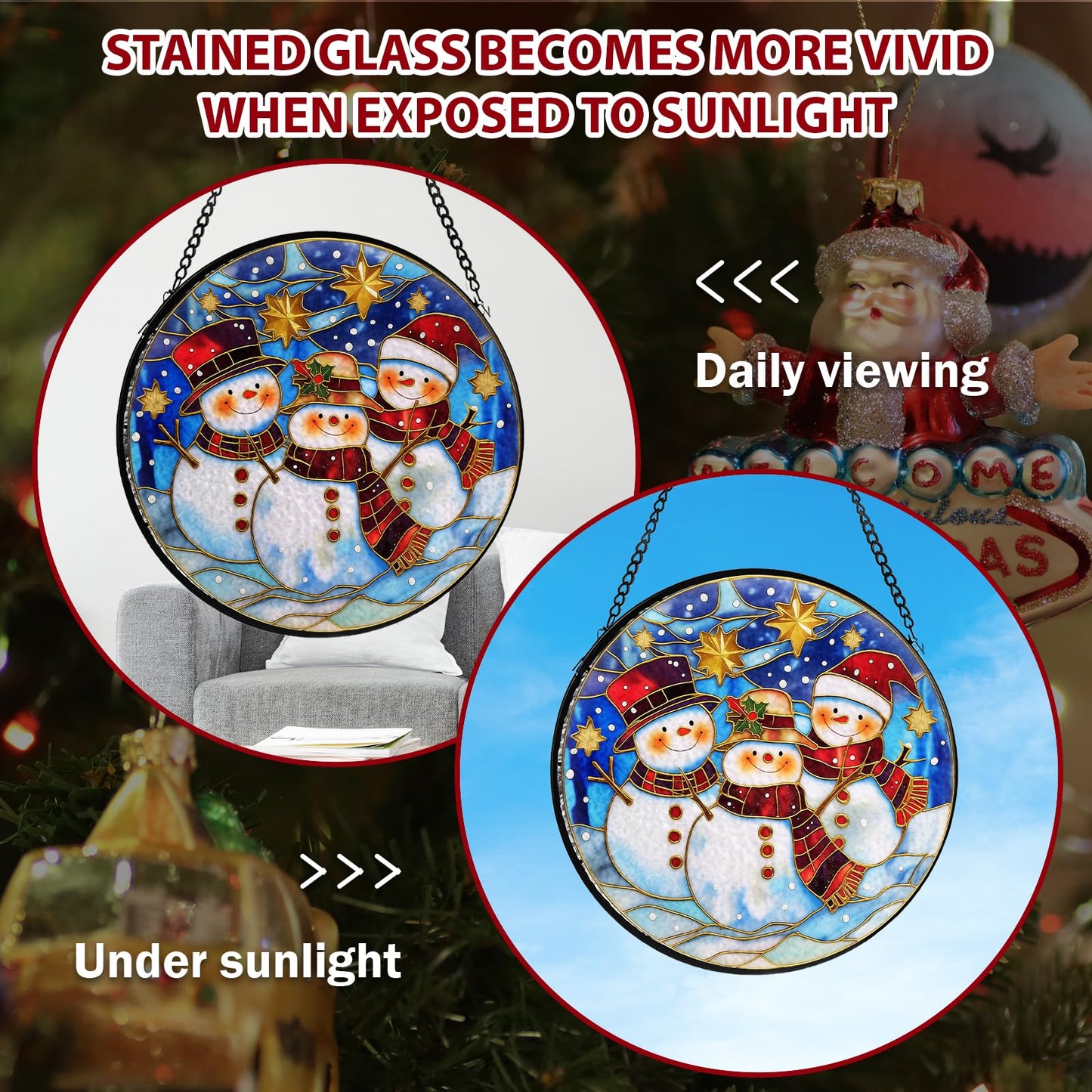 Christmas Decorations Stained Glass Window Hanging, Snowman Suncatcher for Window Hanging, Sun Catchers Indoor Windows Wall Art for Mom Grandma, Christmas Decor or Home Garden Office 7.87 inches
