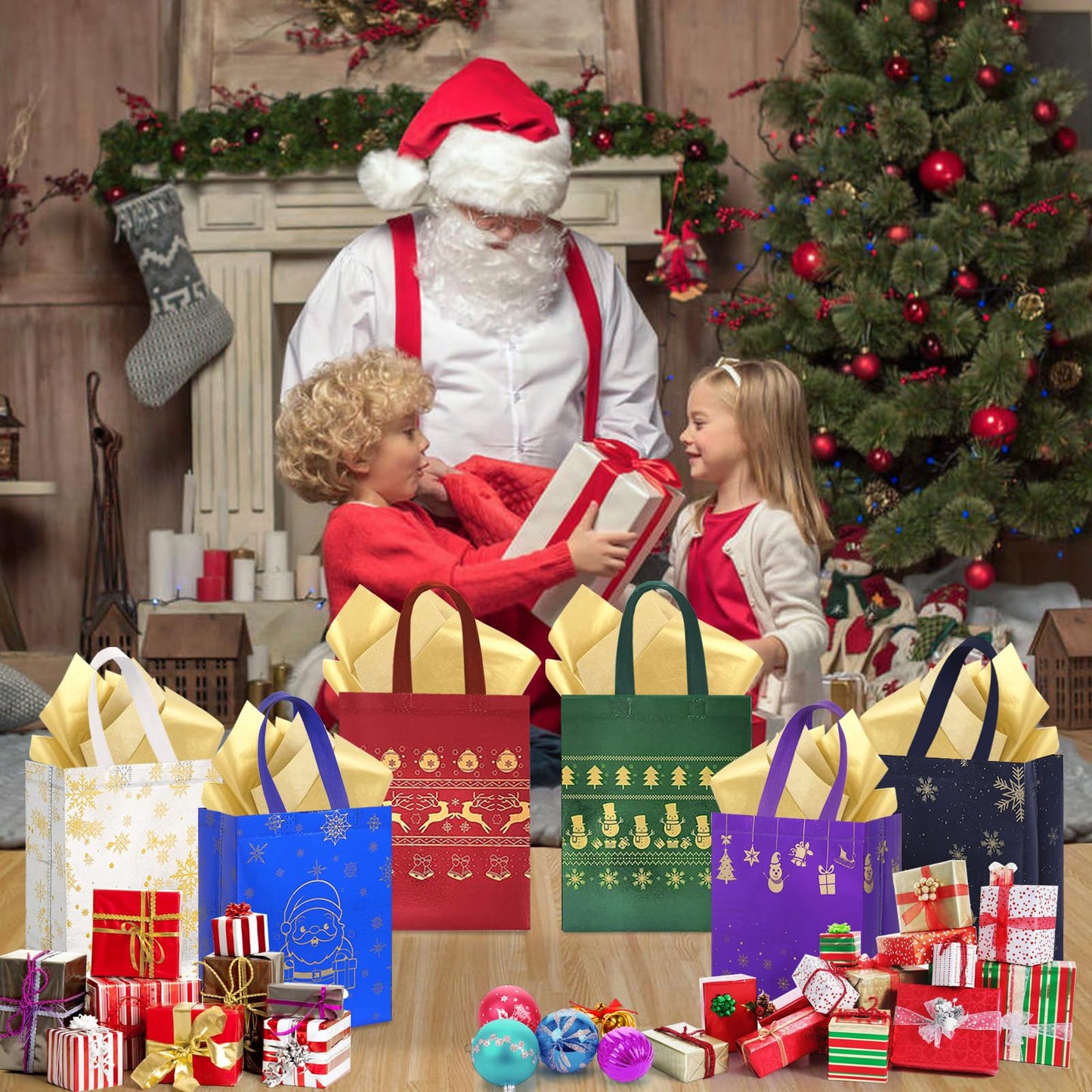 16Pack Christmas Gift Bags Medium Size with Tissue Paper - Reusable Non-Woven Tote Bags with Handles - Perfect for Gift Wrap/Party Favor Supplies - 10.2" x 8.3" x 4"