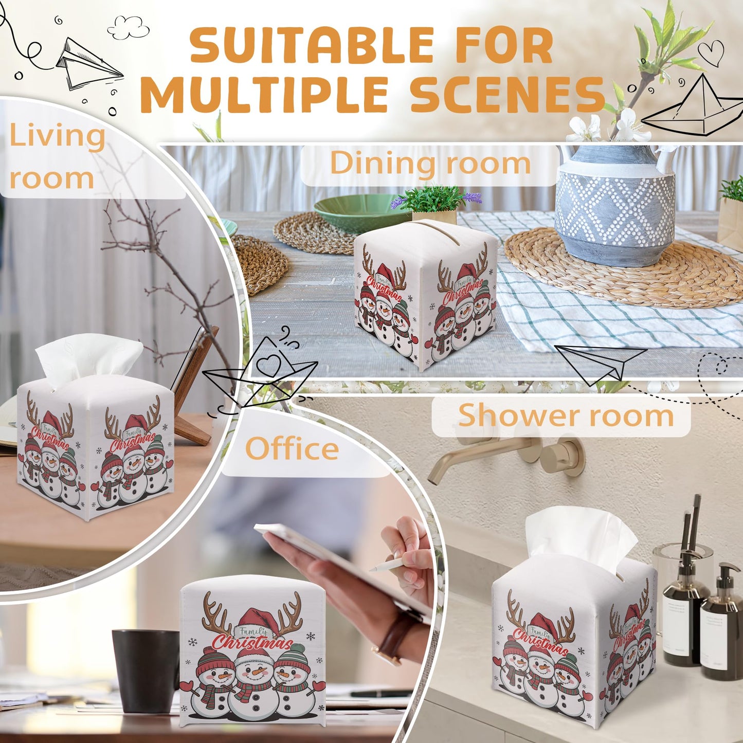 Christmas Snowman Tissue Box Holder, First Christmas as A Family of Three Leather Tissue Box Cover Square, Paper Facial Decorative Tissues Cover for Night Stands Bathroom Office Home Decor-B02