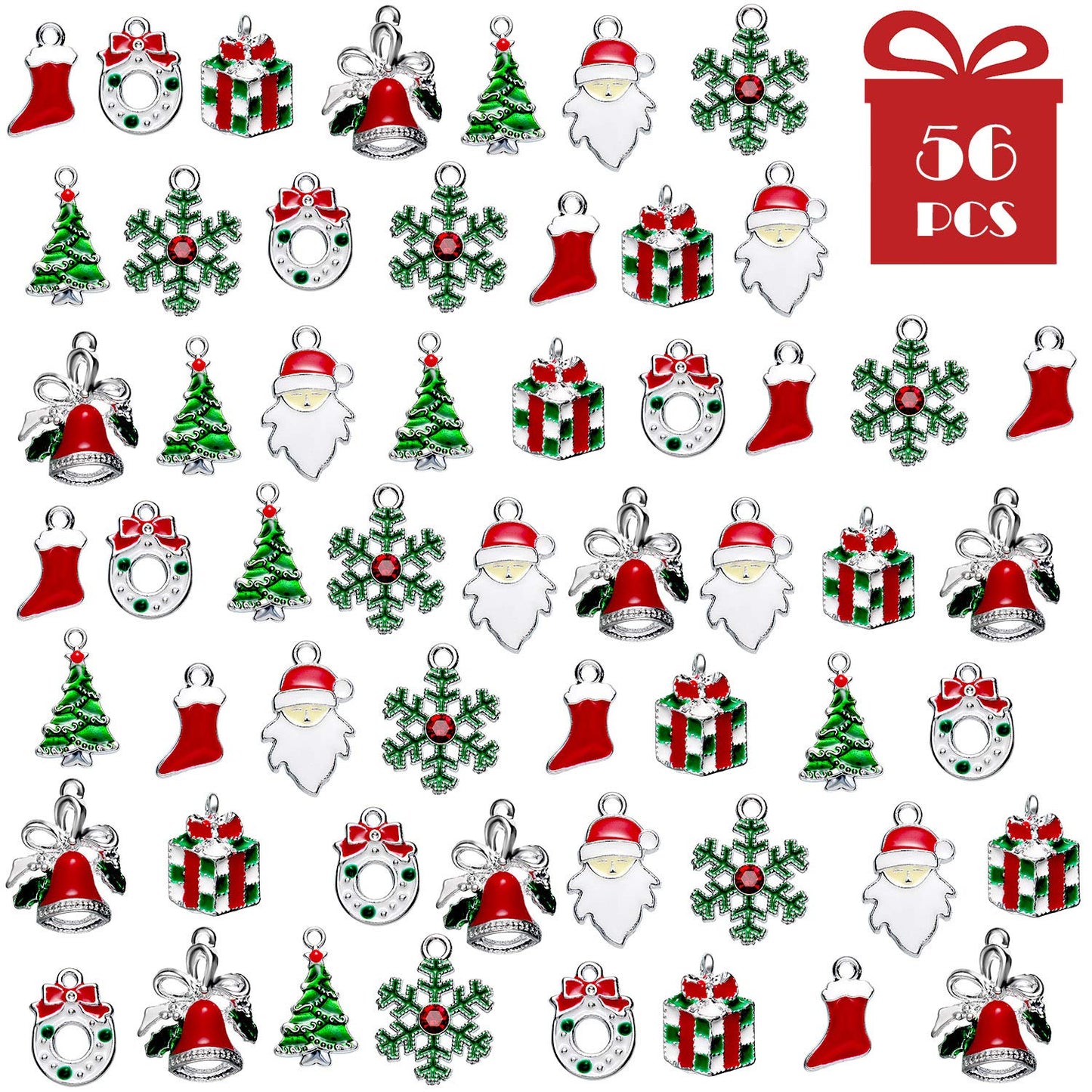Hicarer 56 Pieces Christmas Charms Pendants Christmas Tree Snowflake Bell Garland Santa Sock Gift Box Pendants for Necklace Bracelet Keychain Jewelry Making DIY Crafts