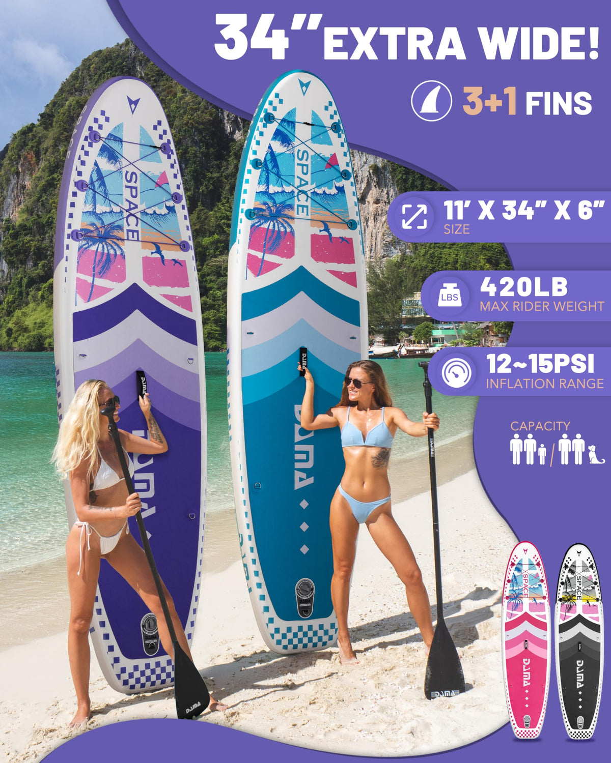 DAMA 11'*34"*6" Inflatable Paddle Board, Paddle Boards for Adults,Sup,Lightweight and Durable, Easy to Inflate, Versatile in Style, Fully Functional, Equipped w/High Grade Accessories，Purple.