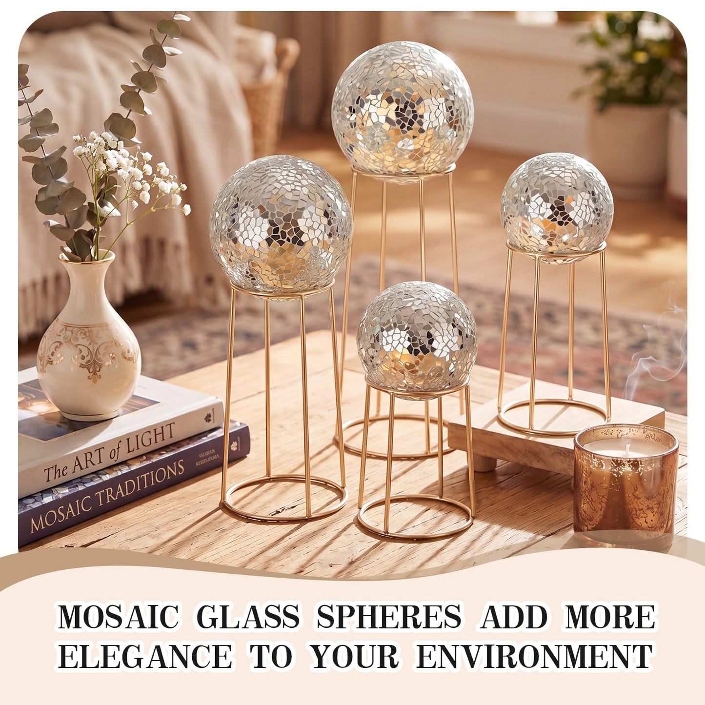 Qinyoung Silver 8 Pcs Decorative Ball for Bowls, 3'' 4'' Glass Mosaic Sphere Decorative Orbs for Centerpiece Bowls Vase Fillers, Wedding, Party, Coffee Table & Home Decor