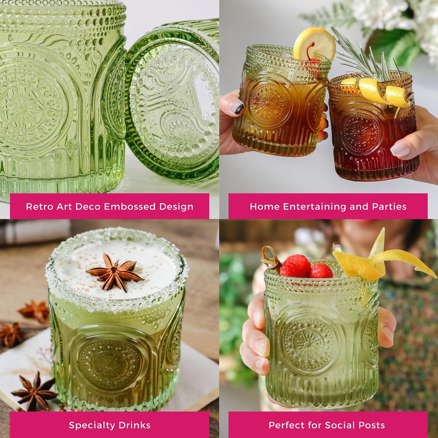 Kate Aspen Retro Arch Floral Green Drinking Glasses Set of 6-10 oz Vintage Beaded Glassware, Textured Water & Cocktail Cups, Holiday Drinkware, Christmas Gift Glass Set, Hostess or Holiday Gift