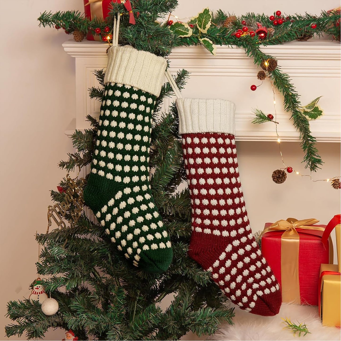 Guojanfon Christmas Stockings,Big Size 18-Inch Extra Long Hand-Knitted Red/Green Reindeer Snowflakes Xmas Character for Family Holiday Season Decor (Red&Red, 18 Inch)