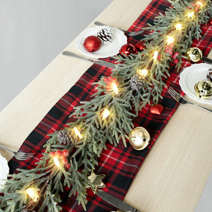 6FT Christmas Garland with Lights, Pre-Lit Artificial Pine Garland with Red Berries, Lighted Flocked Garland for Table Mantle Fireplace Door Stairs Windows Wall Indoor Outdoor Holiday Christmas Decor