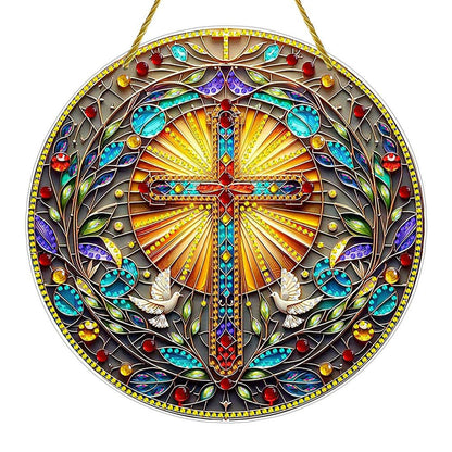 DIY Acrylic Diamond Art Painting Wreath Kits Special Shaped Rhinestone 5D Diamond Art Window Pendants Home Garden Wall Hanging Kits Hanging Ornament (Cross-1)