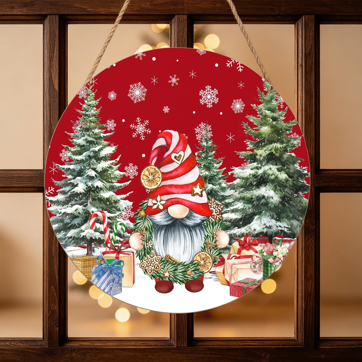 Christmas Gnome Welcome Sign - Merry Christmas Door Hanger, 12'x12' Wooden Hanging Sign for Front Door, Porch Decor, Winter Wreath
