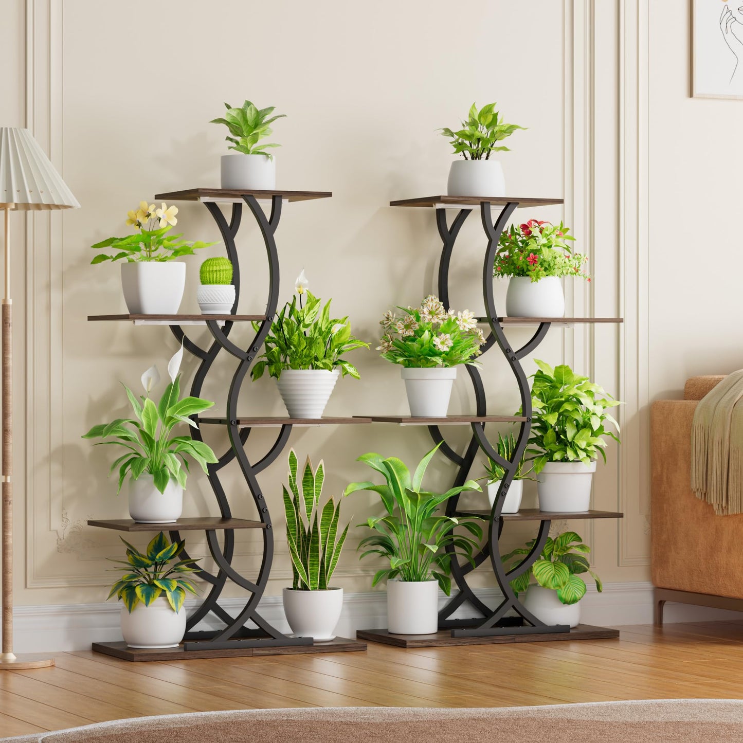 Plant Stand Indoor with Grow Lights - 44" Tall Corner Plant Stands for Indoor Plants, 5 Tiered Metal Plant Shelf, Curved Plant Flower Holder Dispaly Rack for Living Room, Home Patio Balcony (Black)