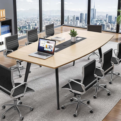 YITAHOME 6FT Conference Table with Power Outlets, 70.8 Inches Boat Shaped Meeting Table with Rectangle Grommet, Modern Seminar Table for Office Conference Room, Boardroom Desk, Light Wood Grain