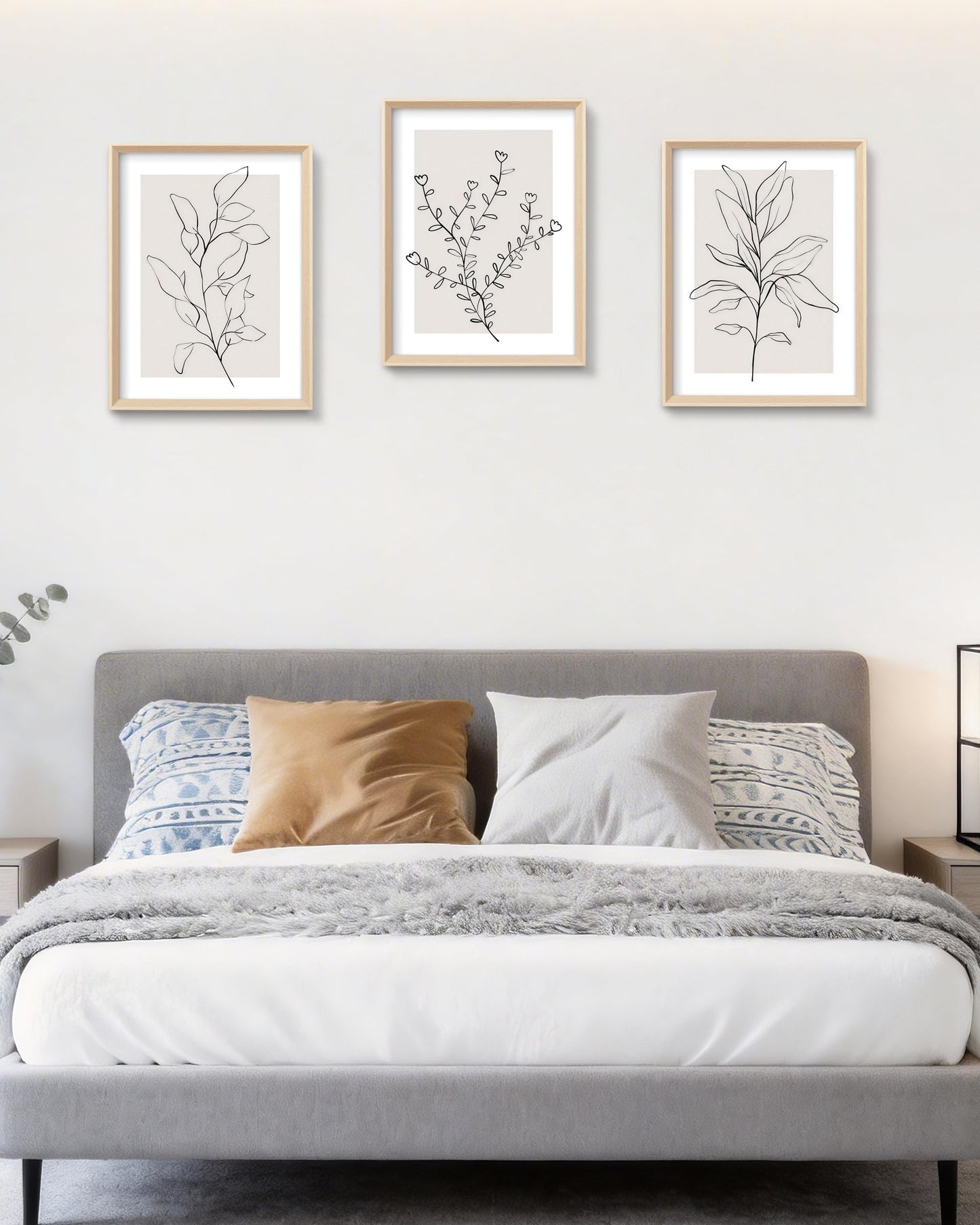 HesenDot 12x16in Botanical High Framed Wall Art Set of 3, Minimalist Line Drawing Plant Canvas Prints, Neutral Modern Nature Wall Decor for Living Room Bedroom Bathroom Office