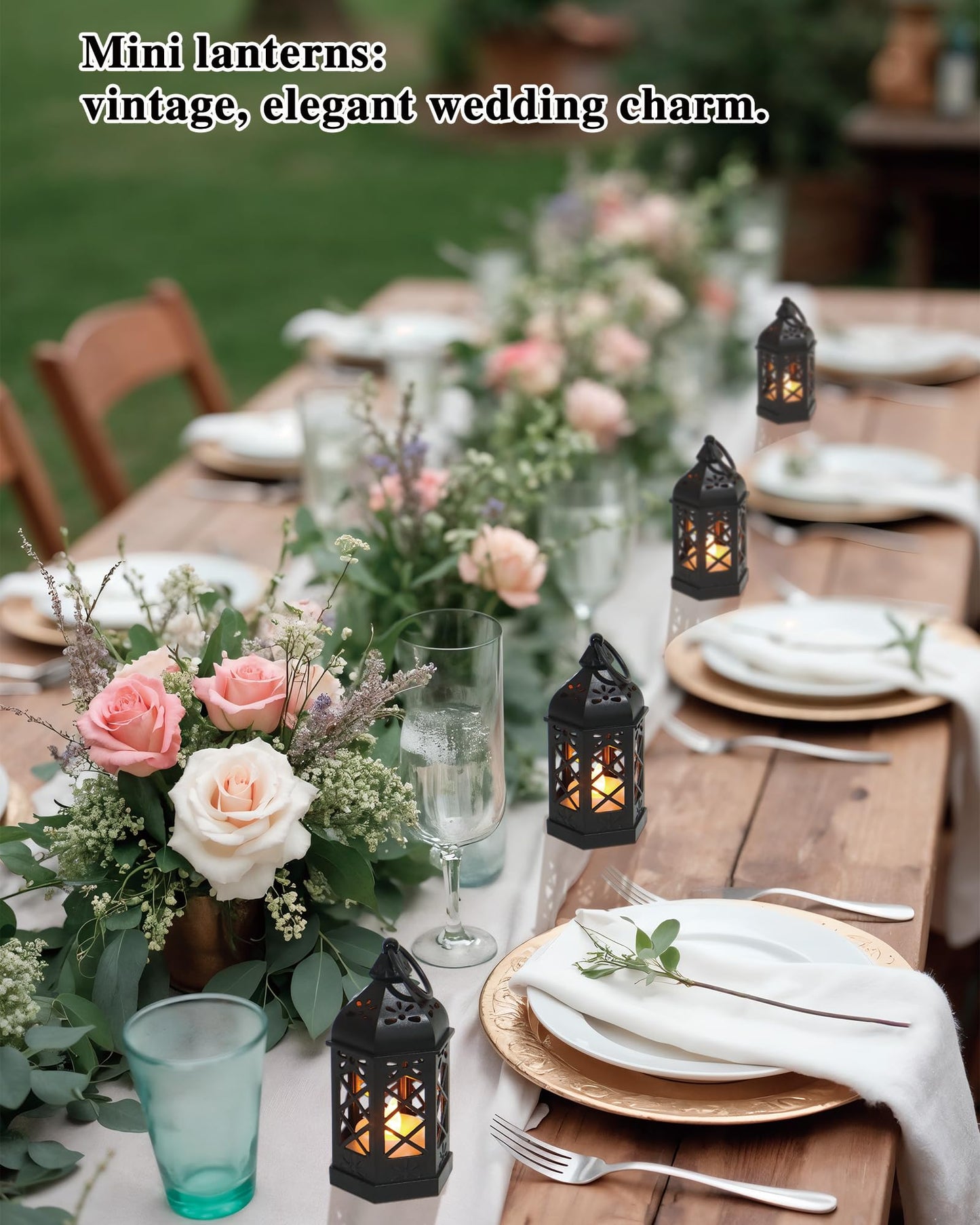 Reperla 8-Pack Mini Lanterns with Flickering LED Candles for Ramadan, Moroccan Decorative Hanging Lanterns for Halloween, Christmas, Wedding, Black Lantern for Table Centerpiece, Home & Party Decor