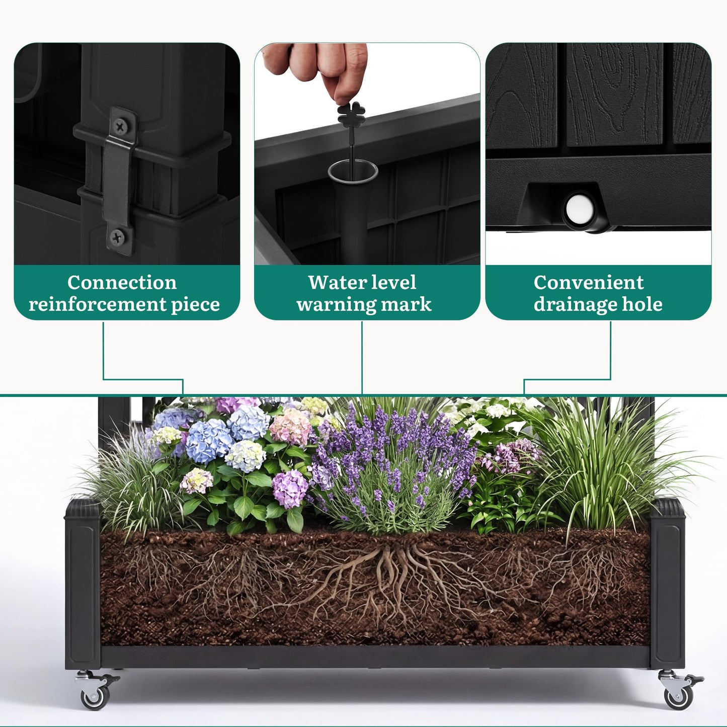YITAHOME 42.5x14.2x61 in Planter Box with Trellis/Outdoor Privacy Screen, All-Weather Raised Garden Bed with Wheels & Drain Plug for Climbing Plants Flowers Herbs, Black