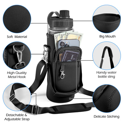 Noxgifix Water Bottle Holder with Strap,Water Bottle Bag,32/40 oz Large Capacity,Adjustable Shoulder Hand Strap,2 Phone Pocket Water Bottle Holder,Water Bottle Accessories for Camping Running Walking