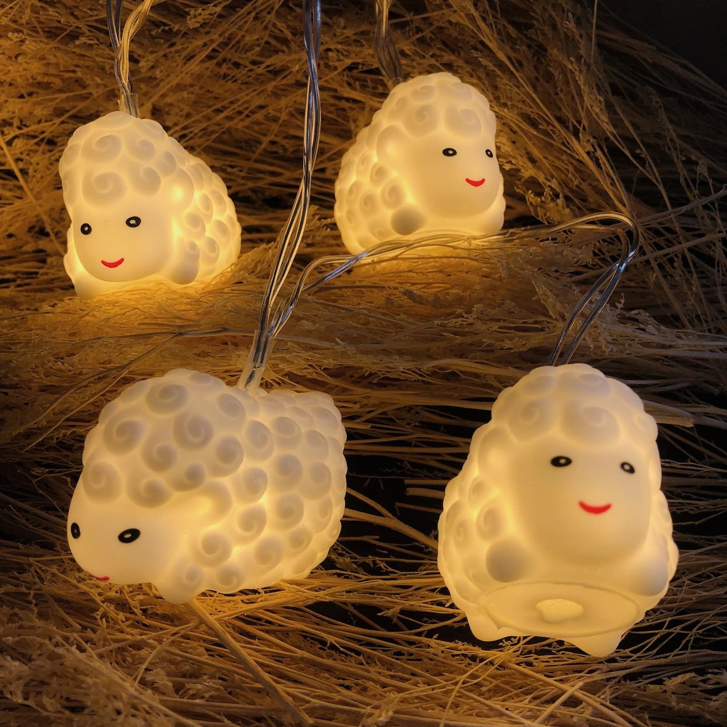 Sezrgiu Cute Painted Sheep Night Light LED Sheep Ornaments String Lights White Lamb Fairy Light Battery Powered Indoor Party Decor Night Light (10LED, White Sheep)