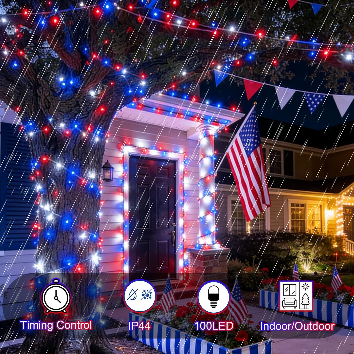 TWINGLEHOME 99ft (30 m) 300 LED String Lights with Clear Wire, 4" Spacing, Multifunctional Lighting Modes (Red, Cool White, Blue), Plug-in for Indoor Holiday, Nation Day