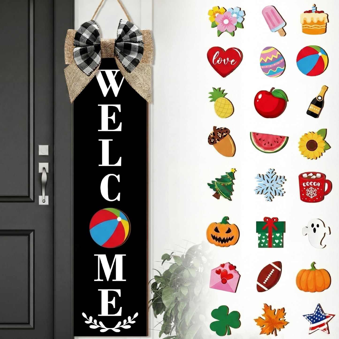 Sintuff Holiday Interchangeable Welcome Sign for Front Door Wood Porch Sign with 24 Pcs Seasonal Icons Home Farmhouse Holiday Welcome Outdoor Festival Seasonal Decoration(Black,Large)
