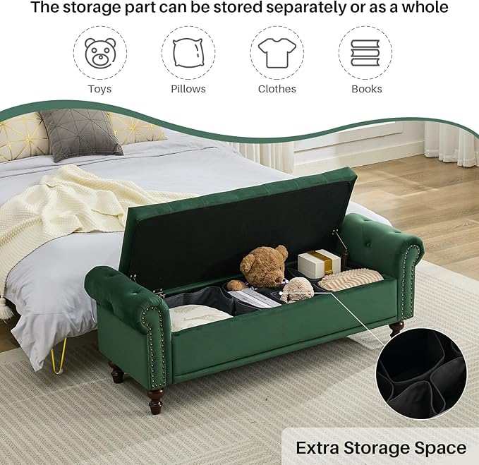 SOFTHION 58.1" Storage Bench Upholstered Velvet End of Bedroom Bed Bench Ottoman