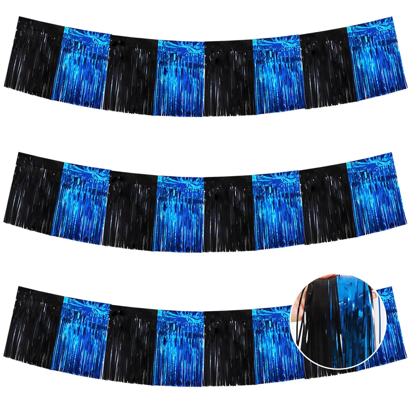 BEISHIDA 3 Packs Metallic Foil Fringe Garland Black Blue Wall Hanging Tinsel Fringe Banners for Car Floats Bridal Shower Wedding Birthday Easter Graduation Holiday Party Decoration(30 Feet)