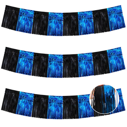BEISHIDA 3 Packs Metallic Foil Fringe Garland Black Blue Wall Hanging Tinsel Fringe Banners for Car Floats Bridal Shower Wedding Birthday Easter Graduation Holiday Party Decoration(30 Feet)