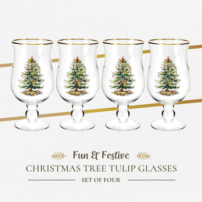 Spode Christmas Tree 17.5oz Tulip Glasses, Set of 4 - Gold-Rimmed Whimsical Holiday Glasses for Sparkling Wine & Champagne, Ideal for Holiday Brunches & New Year’s Celebrations