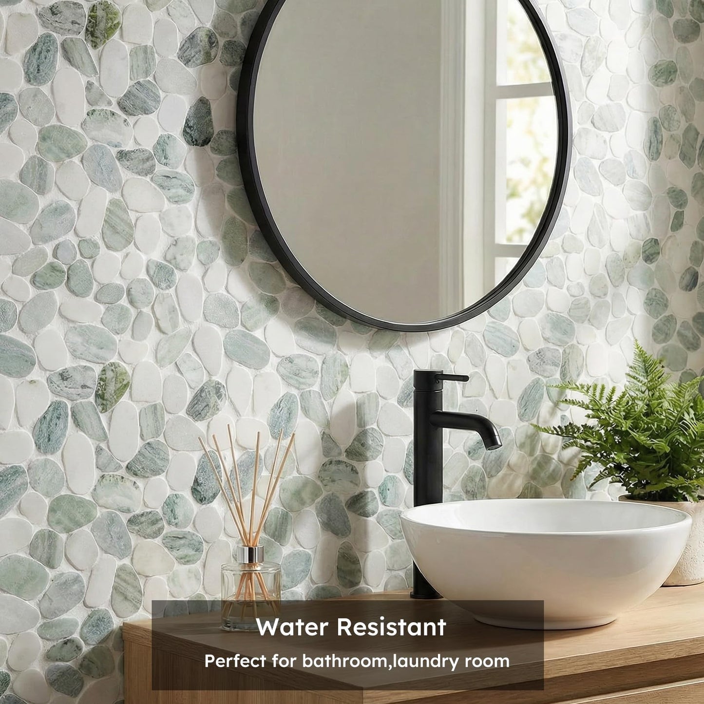 Diflart Natural Pebble Stone Tile for Shower Floor, Emerald Green Oval, 4 Sheets, Sliced Pebble Mosaic Backsplash for Kitchen Bathroom Floor and Wall Tile