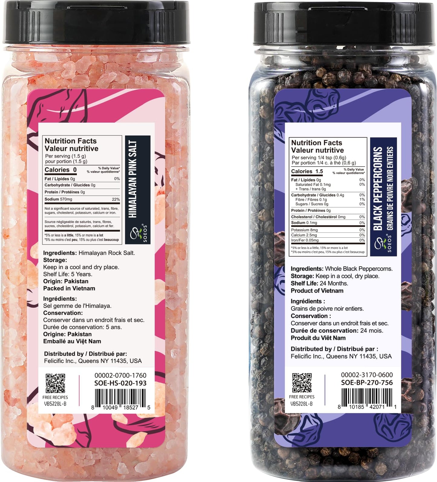 Soeos Himalayan Pink Salt 20oz + Whole Black Peppercorns 9.5oz Set, Coarse Grain, Salt for Grinder Refill, Salt and Pepper Grinder, Non-GMO Verified, Spice Seasoning Set for Cooking