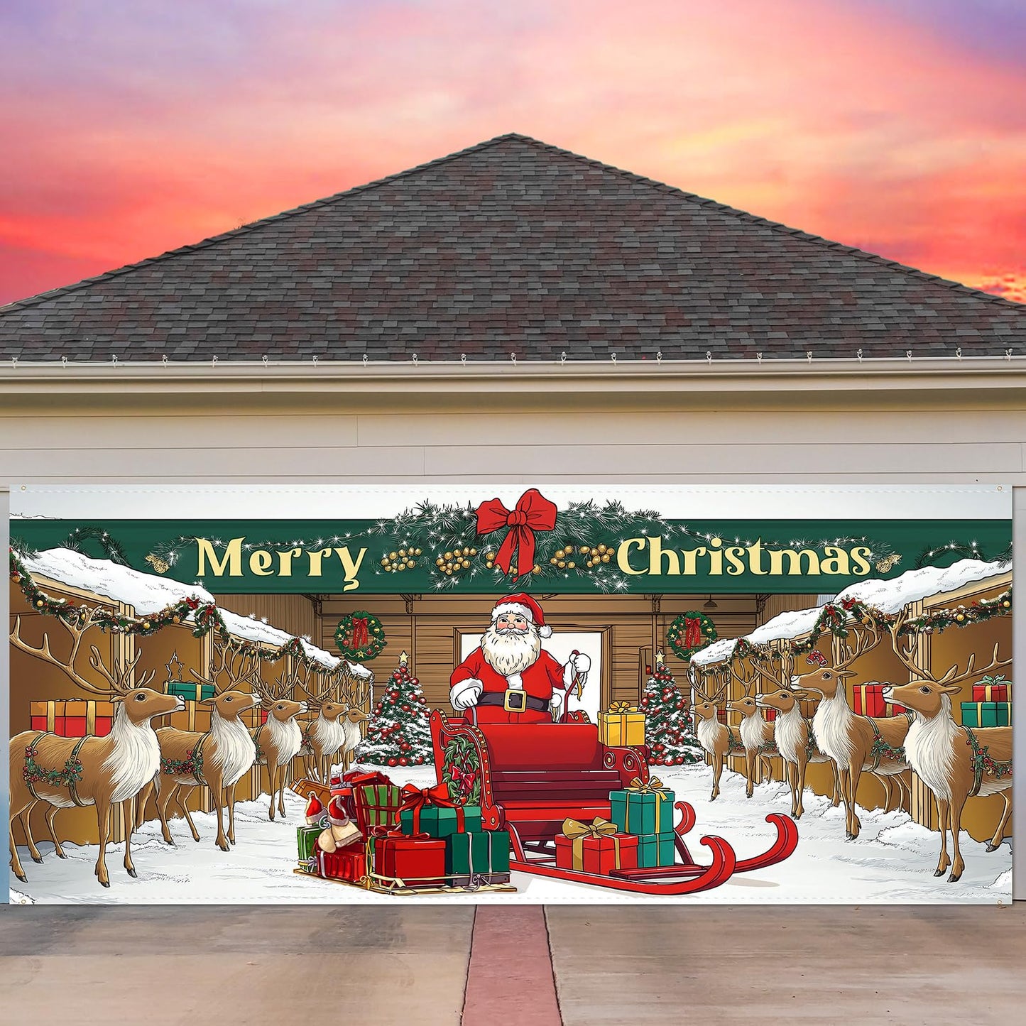 Tingjoo 7 x 16 ft Christmas Garage Door Cover Banner Christmas Garage Door Decorations African American Large Holiday Decorations Banner for Xmas Winter party (Reindeer Barn)