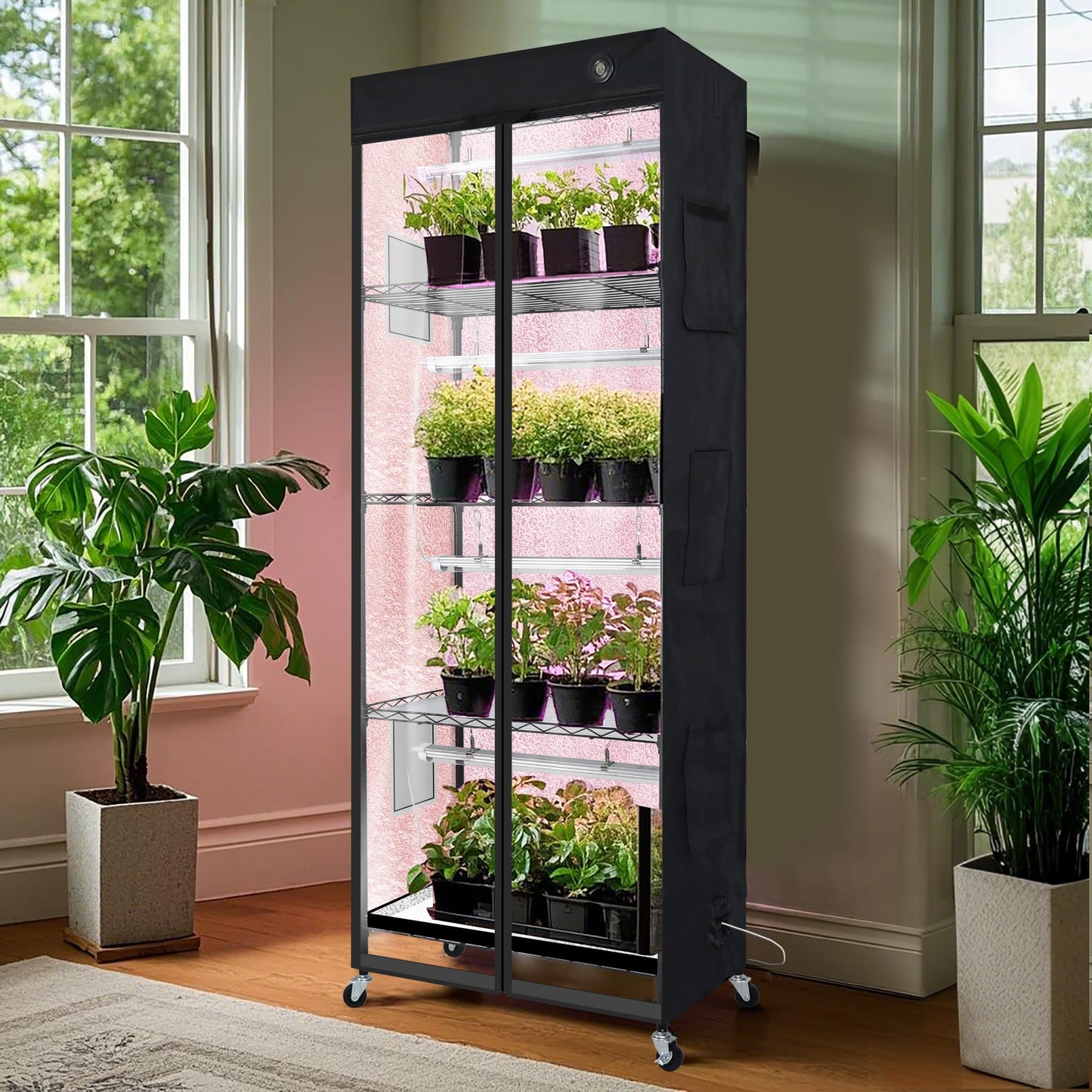 WORTH Mini Greenhouse with 18W T8 Grow Lights & Thermo-Hygrometer 27"x15"x70" Smart Indoor Grow Tent with Black Oxford Fabric Cover Plant Stand with Casters & Ventilation Flaps for Seed Starting