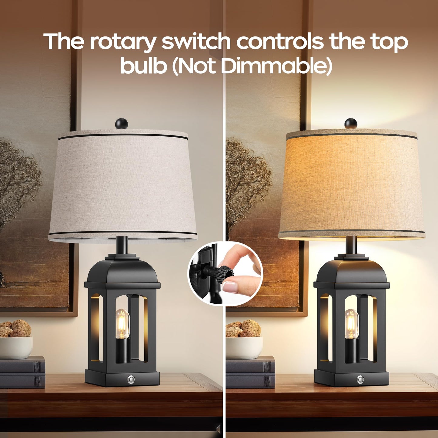 QiMH Table Lamp for Living Room, Farmhouse Lamps Set of 2 with USB A+C and Nightlight, 26" Rustic Bedside Lamps with 3-Way Dimmable Touch Control, Nightstand Lamp for Bedroom Decor, Black