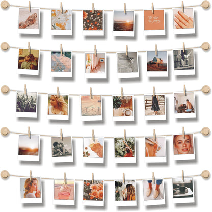 BIZYAC Hanging Photo Display Room Wall Decor - Sculptural Picture Frames Collage - 5 Strings with 30 Clips - 3M Self Adhesive Hooks - No Holes Drilling - 30 x 30 inch