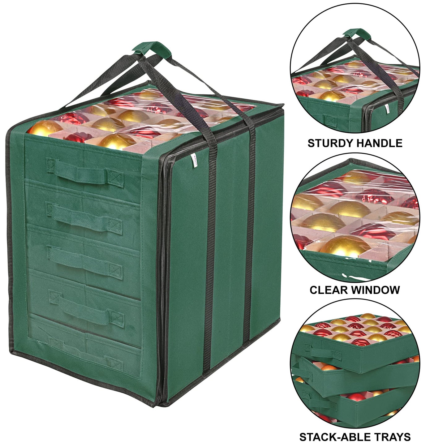 ProPik Christmas Ornament Storage Boxes with Dividers - 5 Separate Trays - Ornament Holder - Keeps 100 Holiday Ornaments - Durable Carrying Bag Handles Organizer Storage Box (Green)
